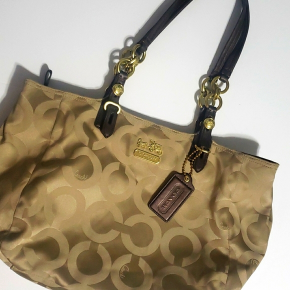 Coach Handbags - Coach Mia Op Art Lurex Brown Sateen Leather Trim Gold Hardware 15758 w/Dust Bag